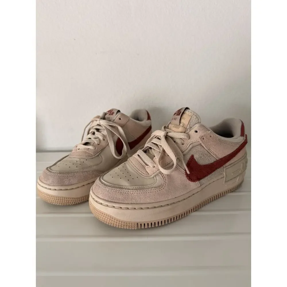 Nike Air Force 1 Beige Red Low Top Sneakers Leather Suede Lace Up